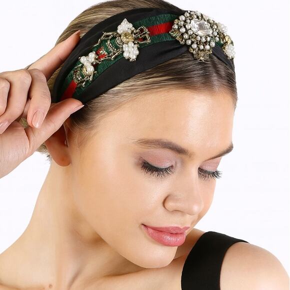 Elegant Black Headband with Pearls Crystals and Bee Details Fashion Hairband - Picture 2 of 5
